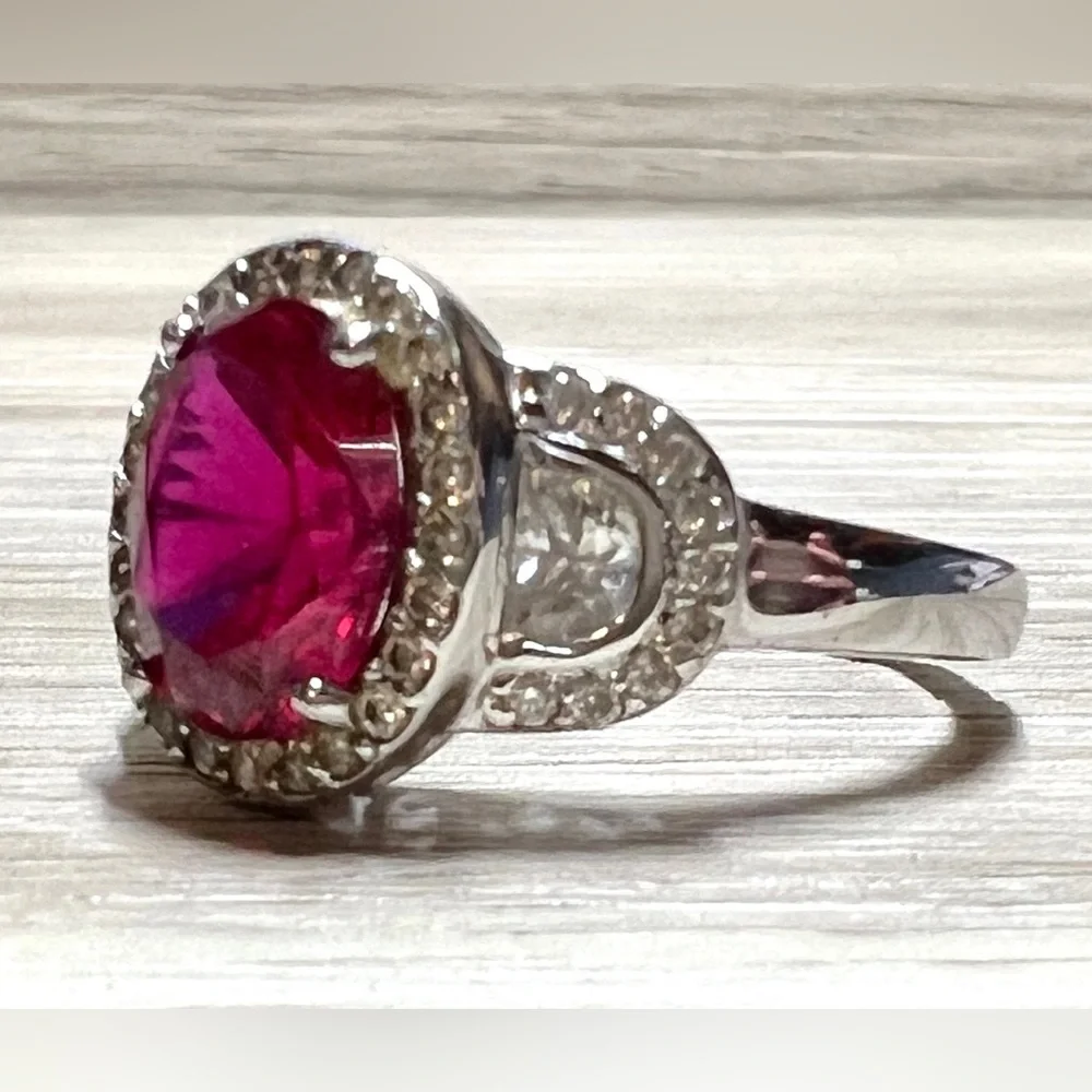 Designer Signed FE Sterling Silver Red & Clear Cubic Zirconia Halo Ring, Size 7 - Picture 2 of 11